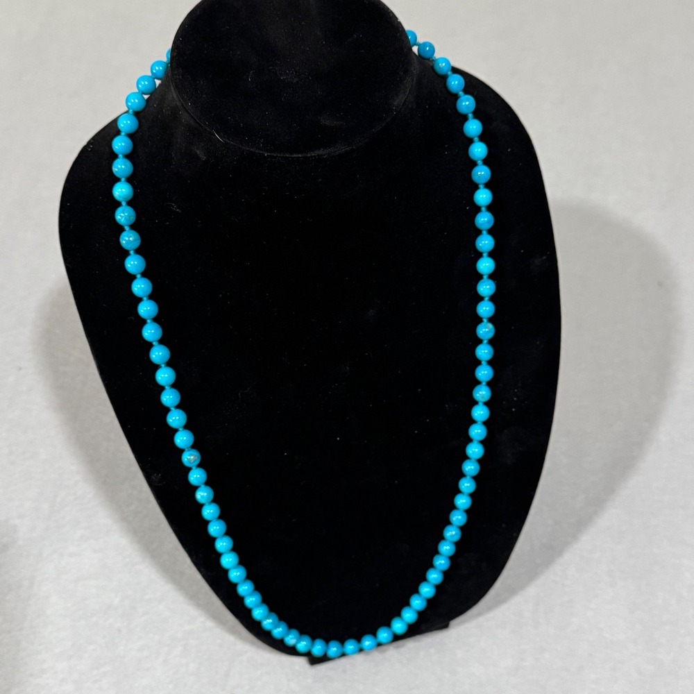 Vintage Hand Knotted Turquoise Necklace Women Blue Beaded Strand 30 Inch